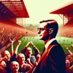 En mand i jakkesæt står på et fodboldstadion fyldt med jublende fans. Spillere er på banen i baggrunden. Manden holder en mikrofon og bærer briller. alt-om-fodbold.dk