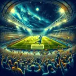 Et overfyldt stadion om natten med en levende stjernehimmel. En fodboldspiller i en blå trøje springer i fejring, mens fans jubler entusiastisk, fordybet i den spændende fodboldatmosfære. Banen er oplyst af skarpe stadionlys. alt-om-fodbold.dk