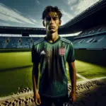 En fodboldspiller står på banen på et stadion, iført en grøn trøje med et våbenskjold og Adidas-logo, med lys, der kaster skygger omkring ham. alt-om-fodbold.dk