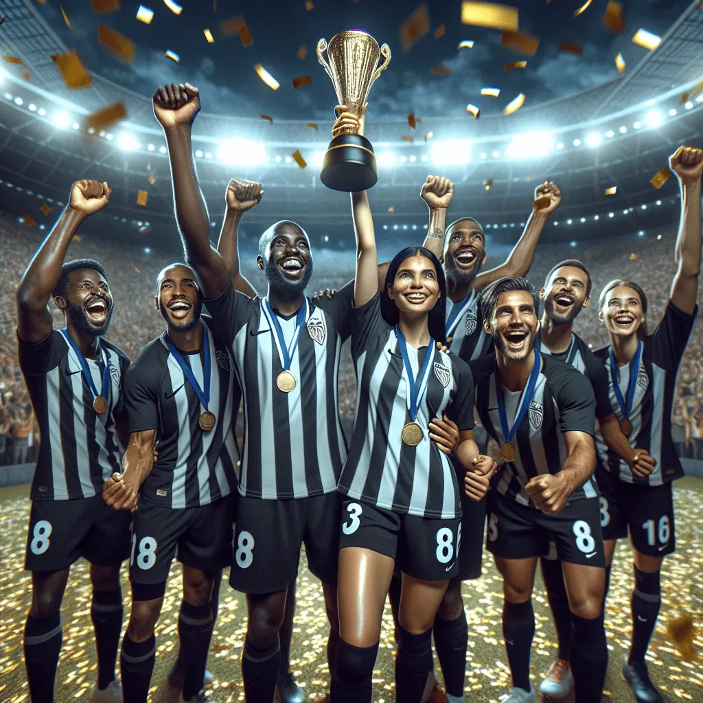 Et fodboldhold i sorte og hvide trøjer fejrer på en konfetti-strøet bane med medaljer om halsen; man holder et trofæ i vejret. alt-om-fodbold.dk