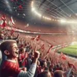 Et fyldt stadion fyldt med begejstrede fodboldfans, der vifter med flag og jubler, med en ung fan i forgrunden pegende opad, alle iført rød og hvid påklædning. alt-om-fodbold.dk