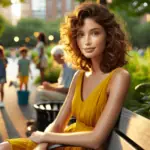 En kvinde med krøllet hår og en gul kjole sidder på en bænk i parken. Børn og andre mennesker kan ses i baggrunden. alt-om-fodbold.dk