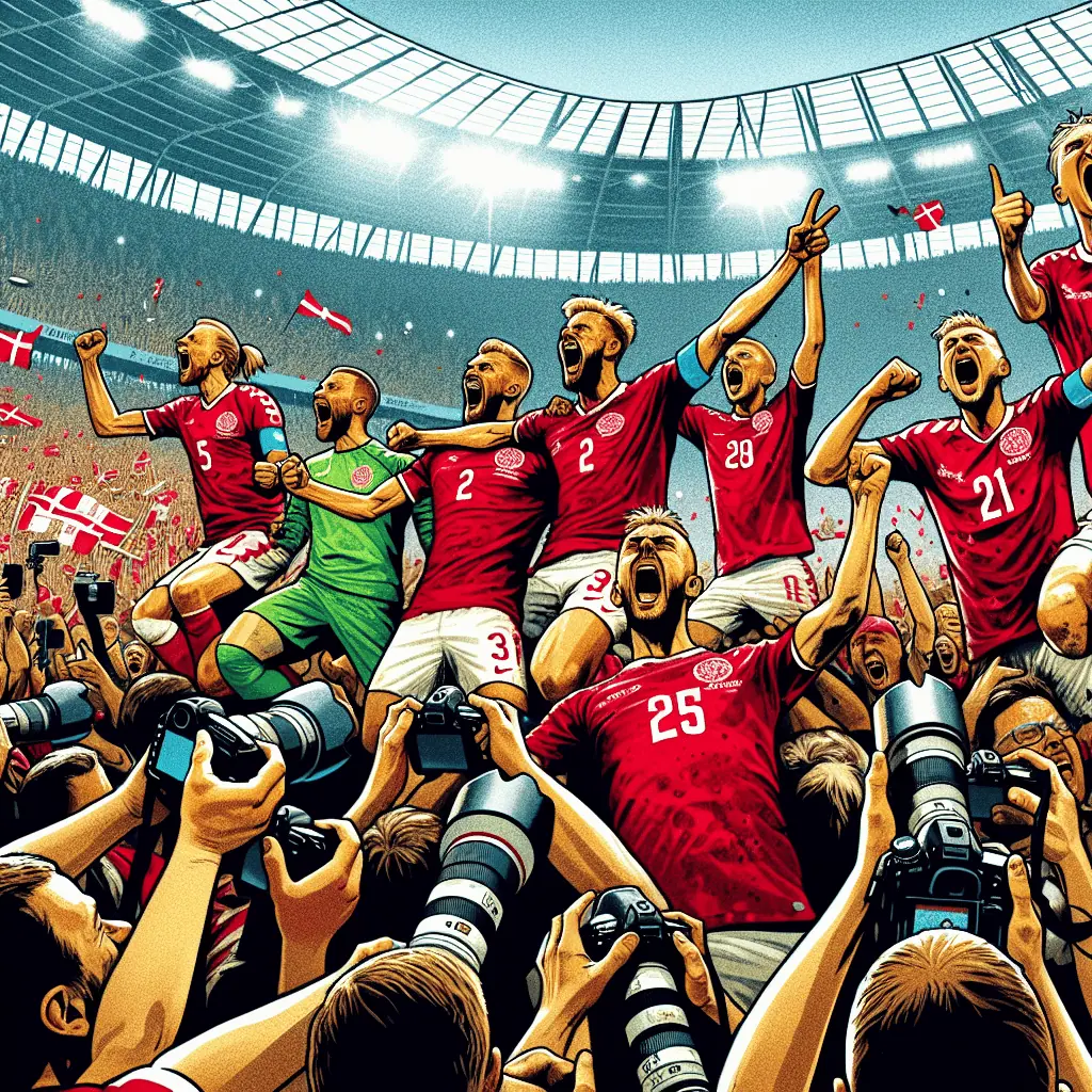 Fodboldspillere i røde uniformer fejrer på et stadion fyldt med jublende fans og fotografer, der fanger øjeblikket. alt-om-fodbold.dk