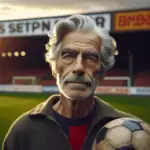 Ældre mand med gråt hår og overskæg, der holder en fodbold, står på et fodboldstadion i skumringen. alt-om-fodbold.dk