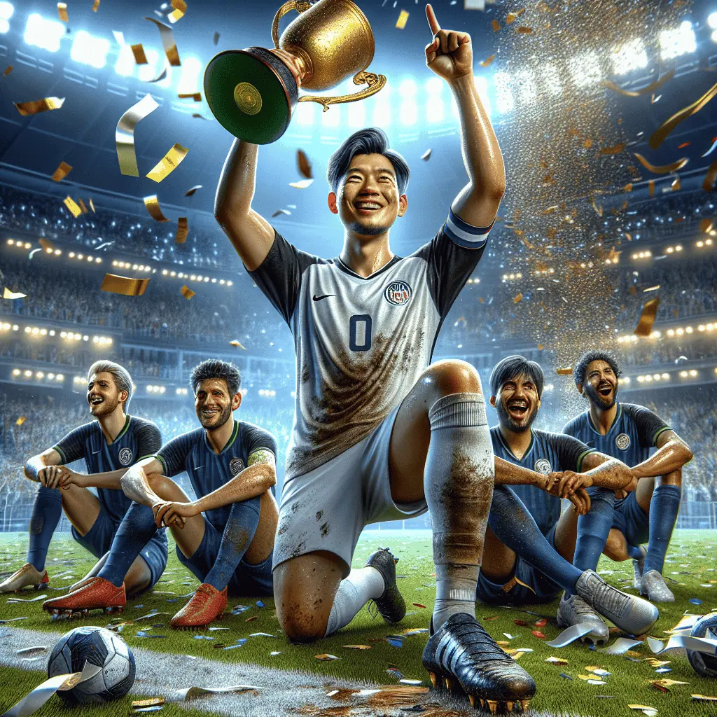 Et fodboldhold fejrer på banen, hvor en spiller i en hvid trøje holder et trofæ op, mens han knæler, omgivet af fire holdkammerater i blå trøjer midt i konfetti og en stadionkulisse. alt-om-fodbold.dk